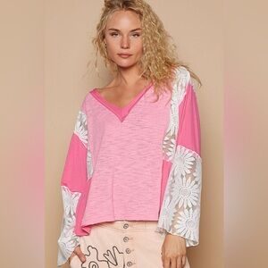 POL Pink V-Neck Top with White Lace Sleeve Panels